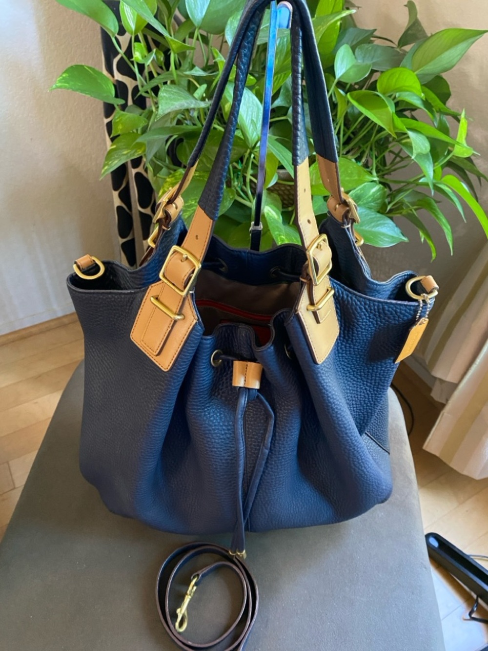 Coach Legacy Navy Blue Pebble Leather bucket bag tan leather straps, Large